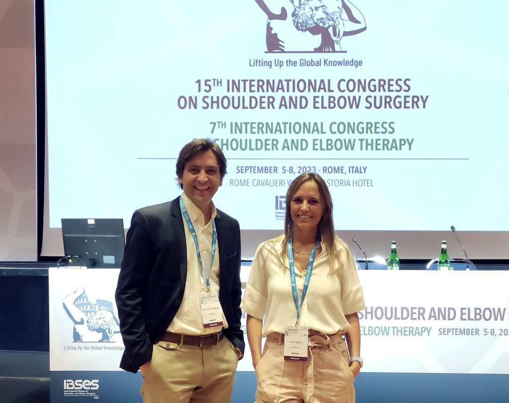 Imagem de apresentação da participação no 15.º International Congress on Shoulder and Elbow Surgery (ICSES) pelos seus membros, Dr. Nuno Vieira Ferreira e Dr.ª Tânia Pinto Freitas.